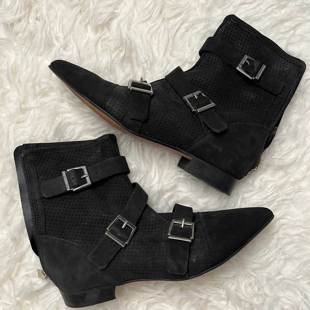TOPSHOP Black Perforated Leather Buckle Booties